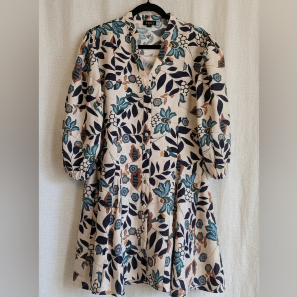 Umgee Fit/Flair Vneck Midi Floral Buttoned Long Puff Sleeve Sz Large